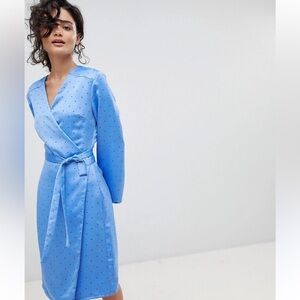 GESTUZ Ihara Polka Dot Wrap Dress Blue Satin 38 6